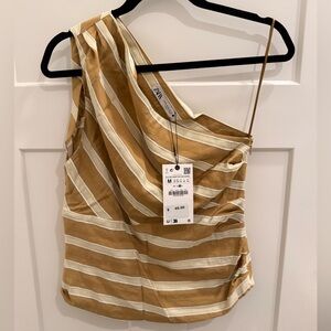 Zara Tan and White Striped One-Shoulder Top